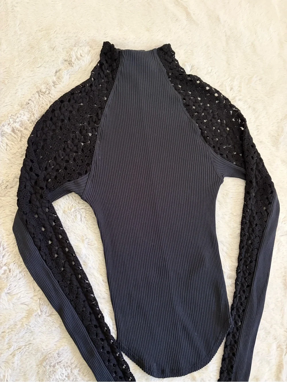 Free People Clemente Mock Neck Crochet Sleeve Top Black Size S